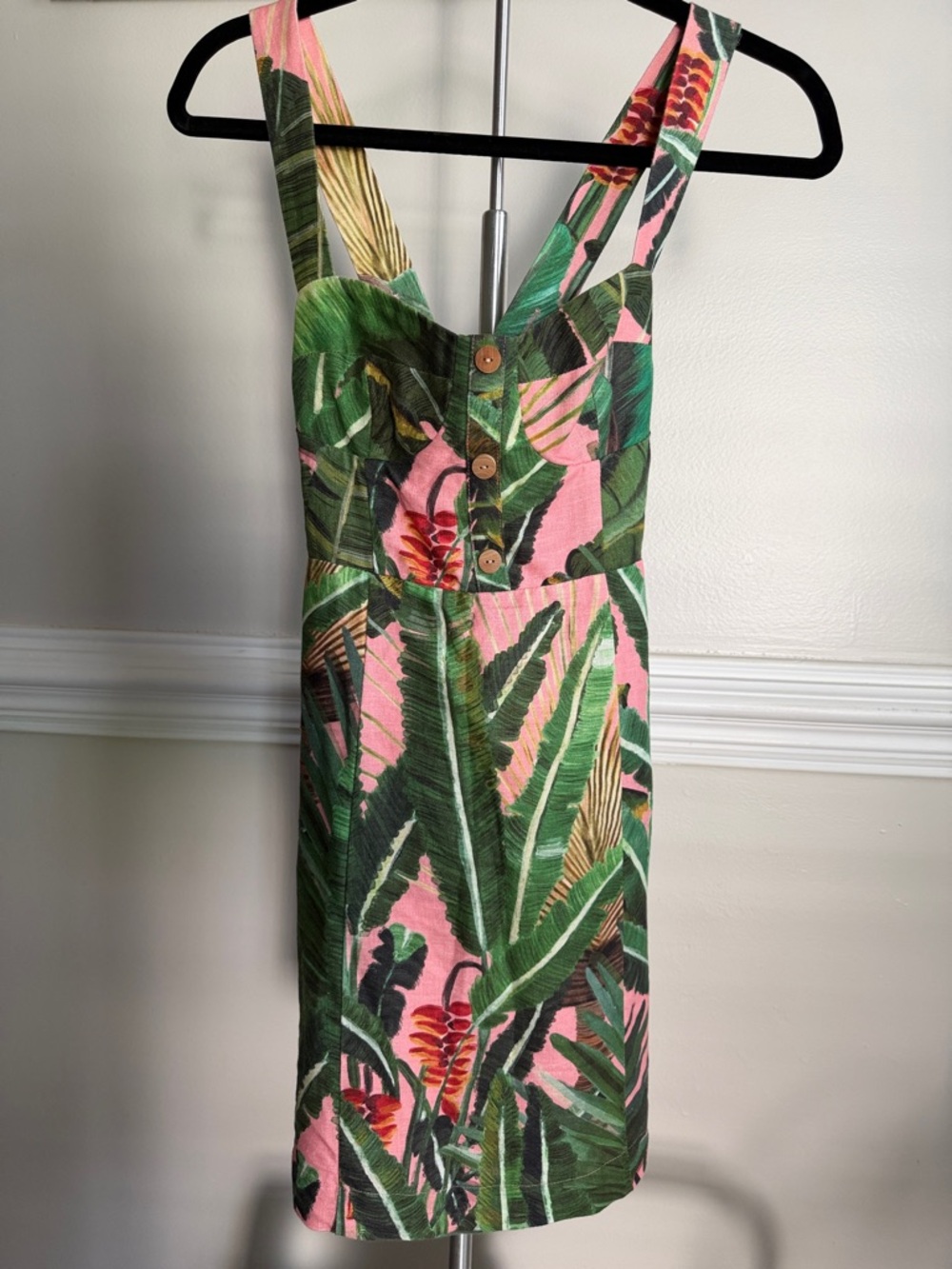 FARM RIO Tropical Palm Print Pink Sundress with Button Front & Adjustable Straps